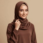 a modern confident muslim woman wearing a premium jersey hijab in chocolate brown styled in a class vceawmzguqhjqvm
