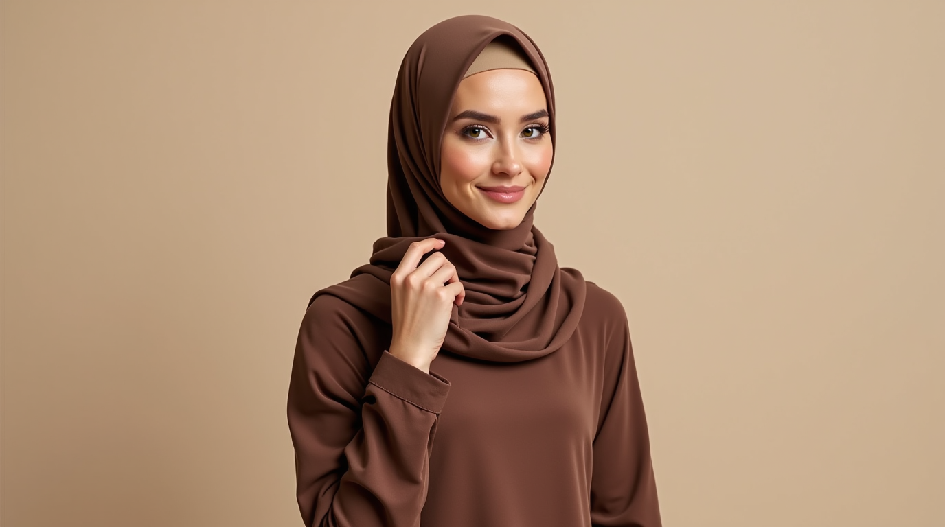 a modern confident muslim woman wearing a premium jersey hijab in chocolate brown styled in a class vceawmzguqhjqvm