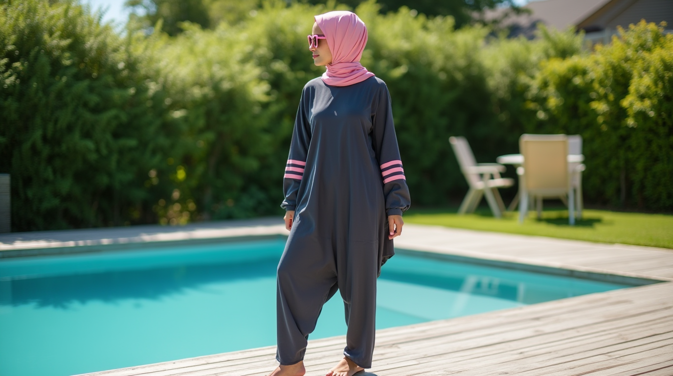 a woman standing poolside on a wooden deck wearing a modern anthracite colored modest swimwear set sojveswqclsdp